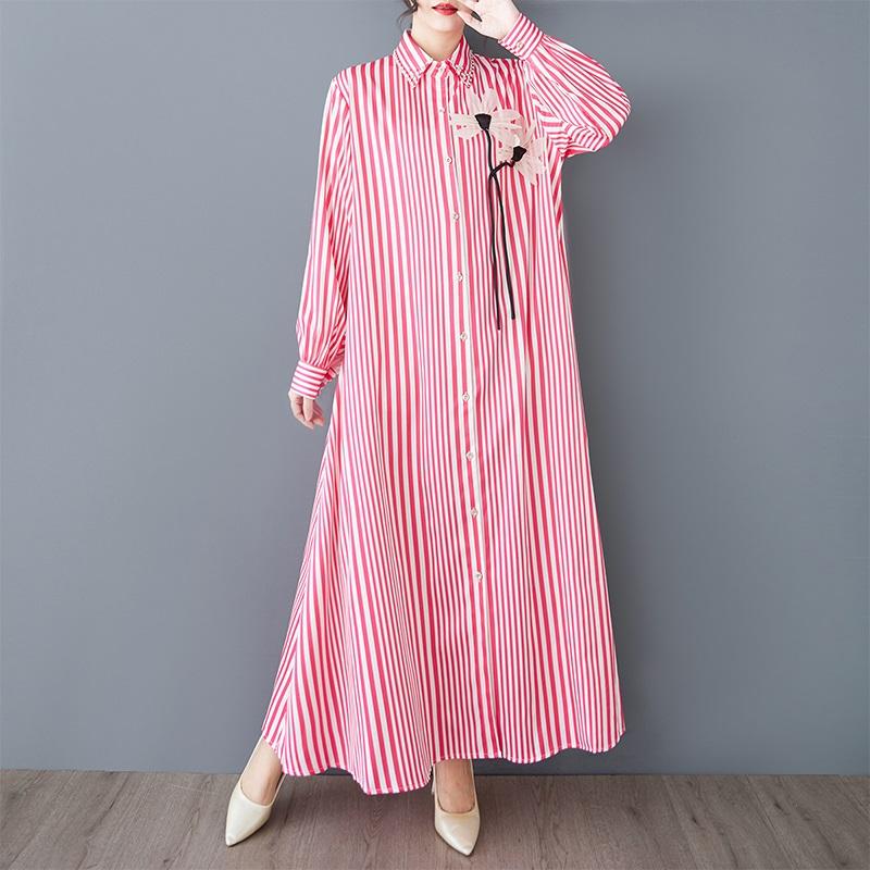 Long sleeve Plus size vintage Stripe floral new in dresses for women casual loose spring autumn Shirt dress