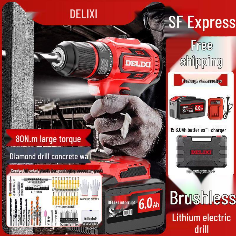 Delixi Brushless Lithium Electric Hand Drill - Pistol Grip for Household Wall Drilling and Impact Holes