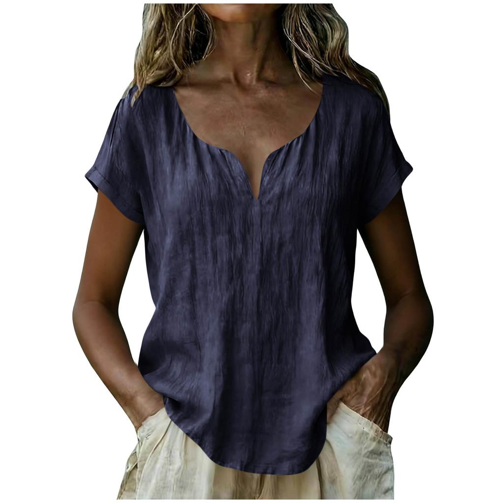 Women's Loose-Fit Fashionable Cotton-Linen -Color V-Neck Casual Top