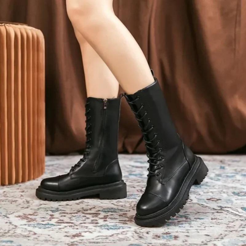 Damen Stiefel bis zur Wade Hochwertiges Leder Freizeitstiefel Mode Motorrad Ritterstiefel für Damen Schnürung Flache Stiefel Botas Mujer