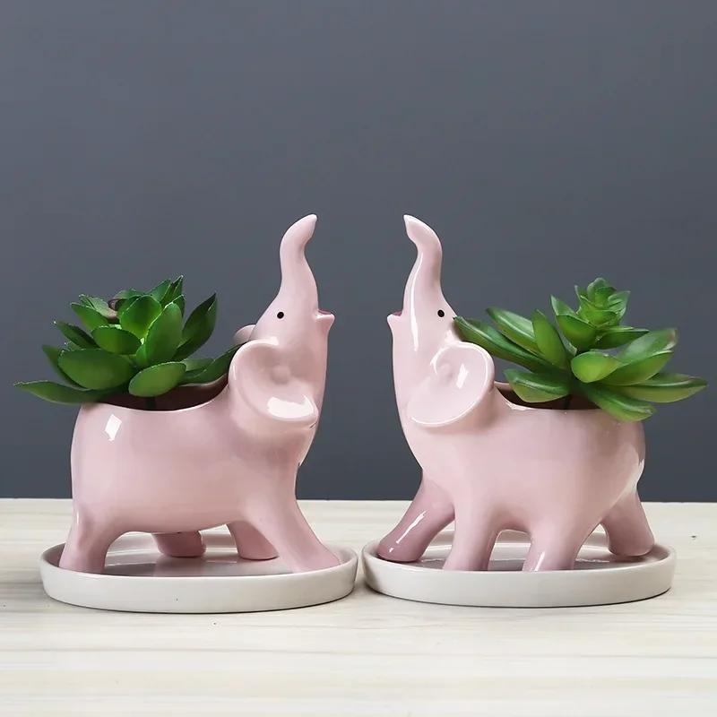 Elephant Decorative Ceramic Flower Pot for Succulents – Mini Cactus Planter with stand, Elegant Home Garden Decor