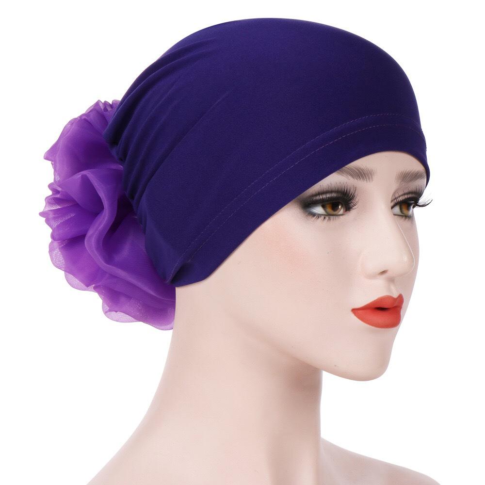 New Muslim Solid Color Milk Silk Flower Hijab Cap