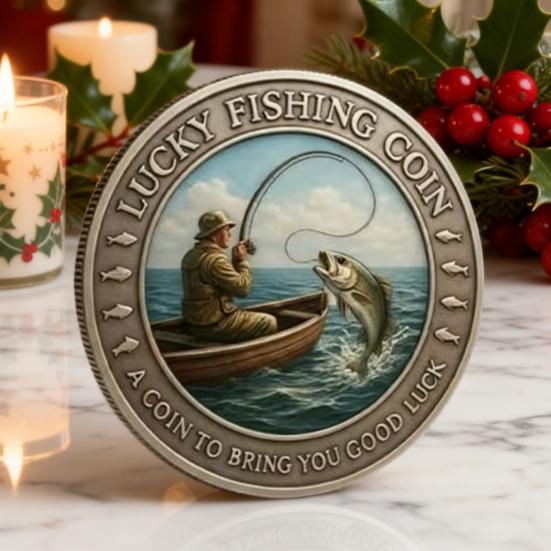 1/2Pcs Lucky Fishing Coin Bring You Good Luck Fishing Token Metal Carving Souvenir Coin Badge Decoration Dad Fishermen Fishing Enthusiasts Gift