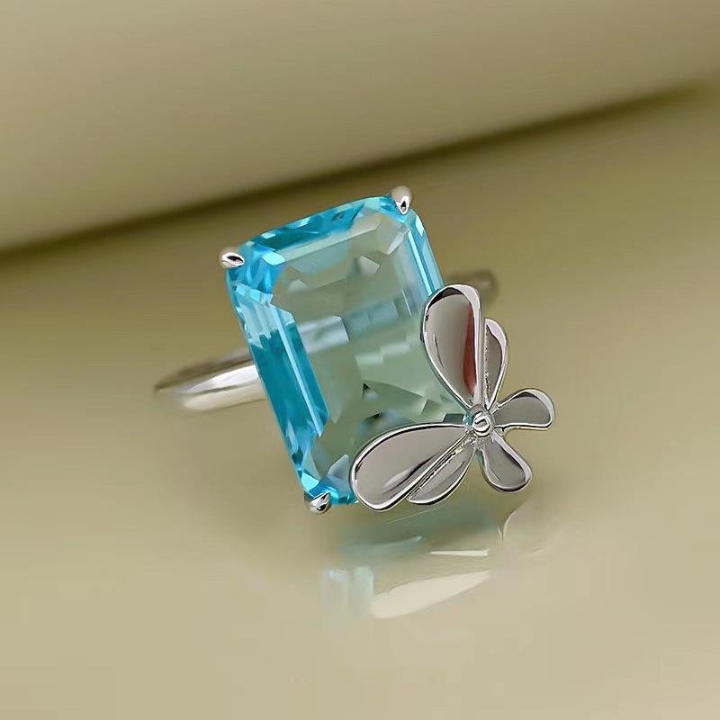 Elegant Sky Blue High Carbon Diamond Butterfly Ring