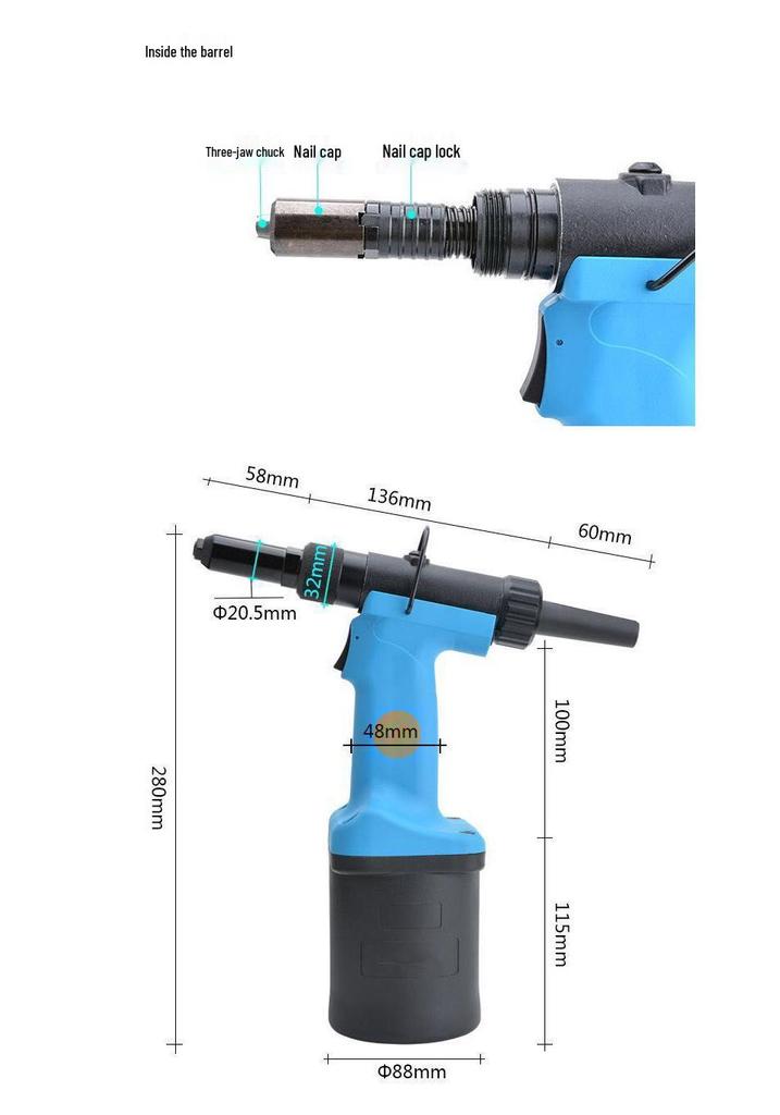 Industrial Grade Pneumatic Rivet Gun with Nut and Cap Functionality