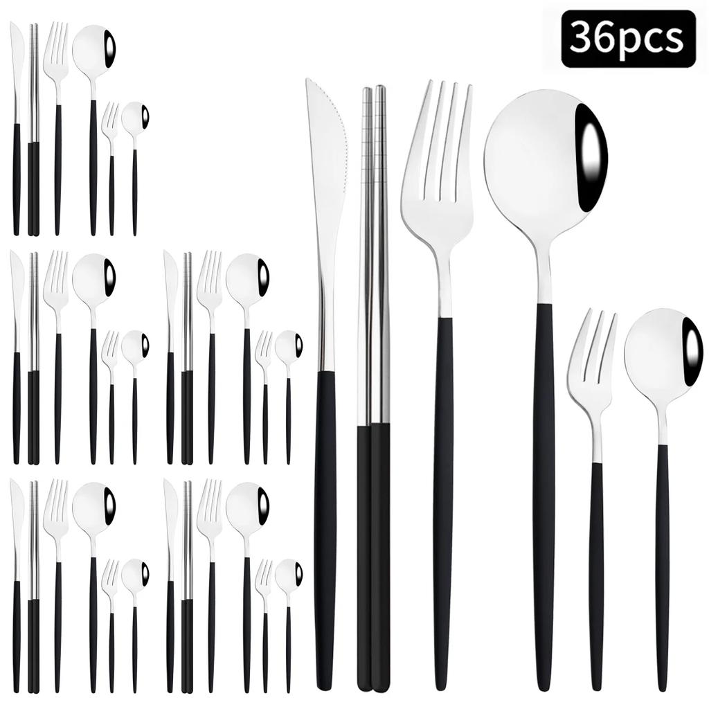 36 ks Černozlatá sada příborů Nůž Vidlička Lžíce Hůlky Sada nádobí Nerezové ocelové dortové vidličky Čajové lžičky Stolní nádobí Příbory