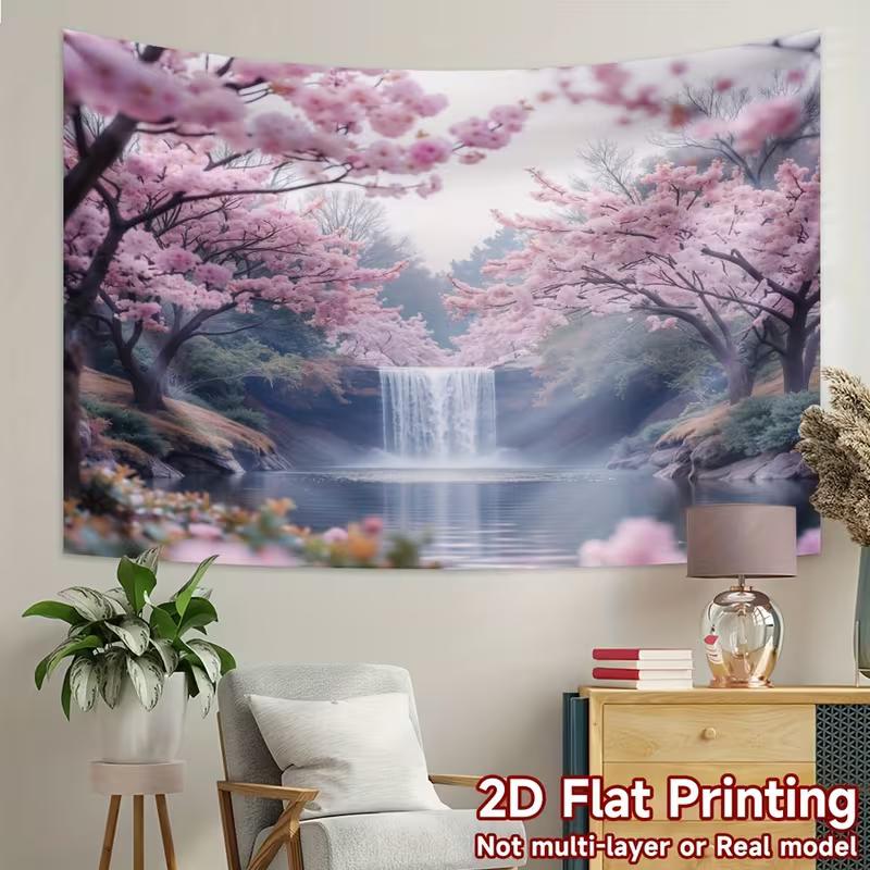 2D Sakura Waterfall Backdrop Cherry Blossom Lake Background