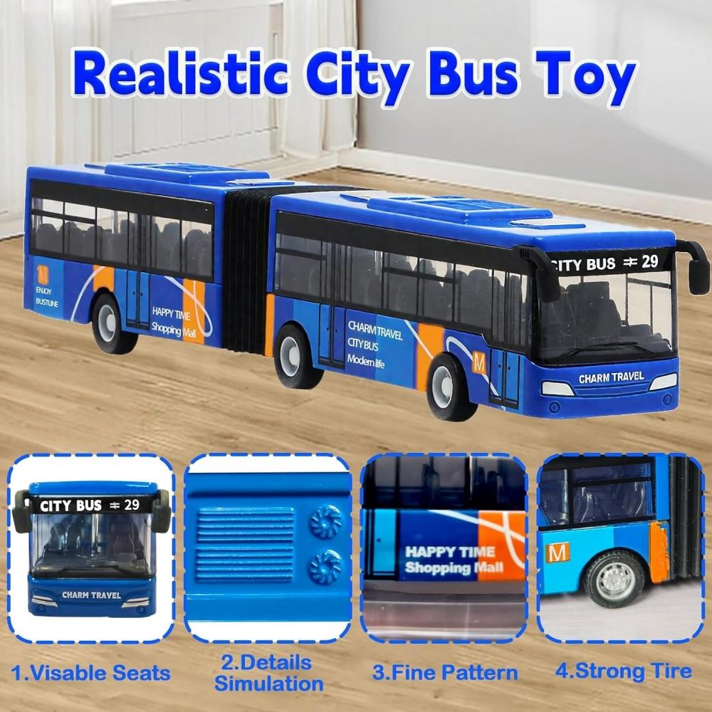 City Bus Toy 1:64 Scale Die Cast Metal Pull Back Vehicles Educational Gift Friction Powered Cars Play Toys for Kids