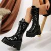 Fashion Winter 2025 New Women's Fashion Mid Tube Boots Lace Up High Platform Wedge Boots New Women's Fashion Solid Color Boots