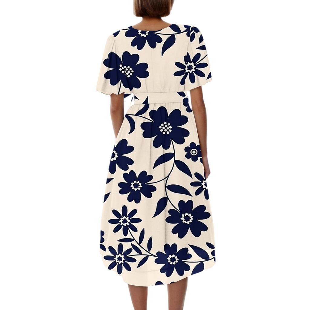 Women's Casual V Neck Short Sleeve Floral Print Dress Vintage Style Midi Length Lightweight Fabric Summer Dress