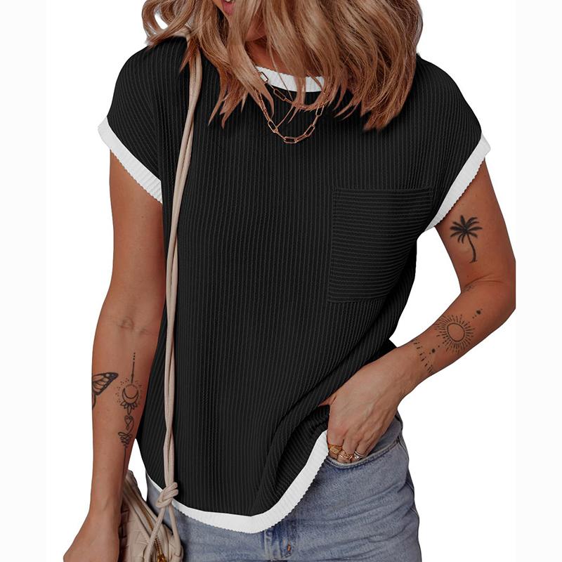 Ladies Summer Short Sleeve O Neck Solid Color Pullover Knitted T Shirt Top