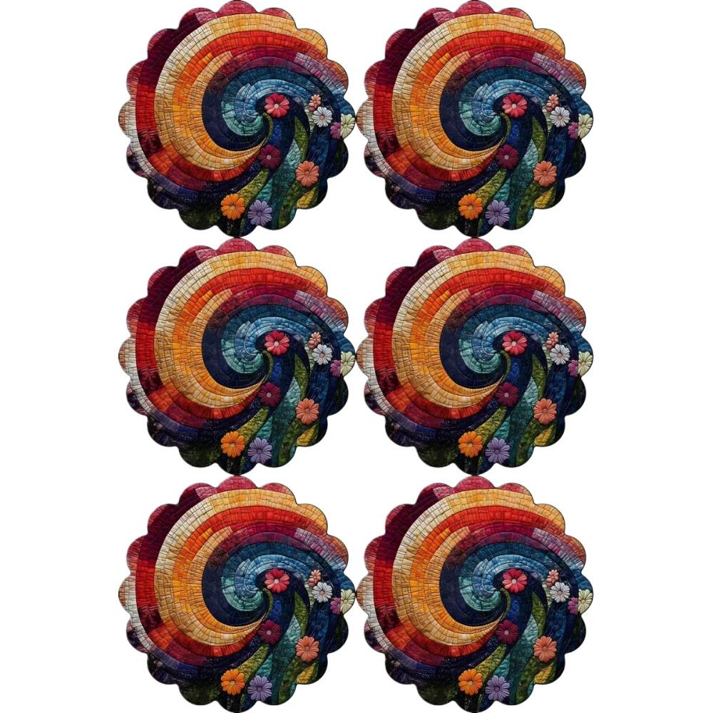 Round Cloth Floral Print Linen Placemats 2D Printed Insulation Mat  Christmas 6Pcs 35cm