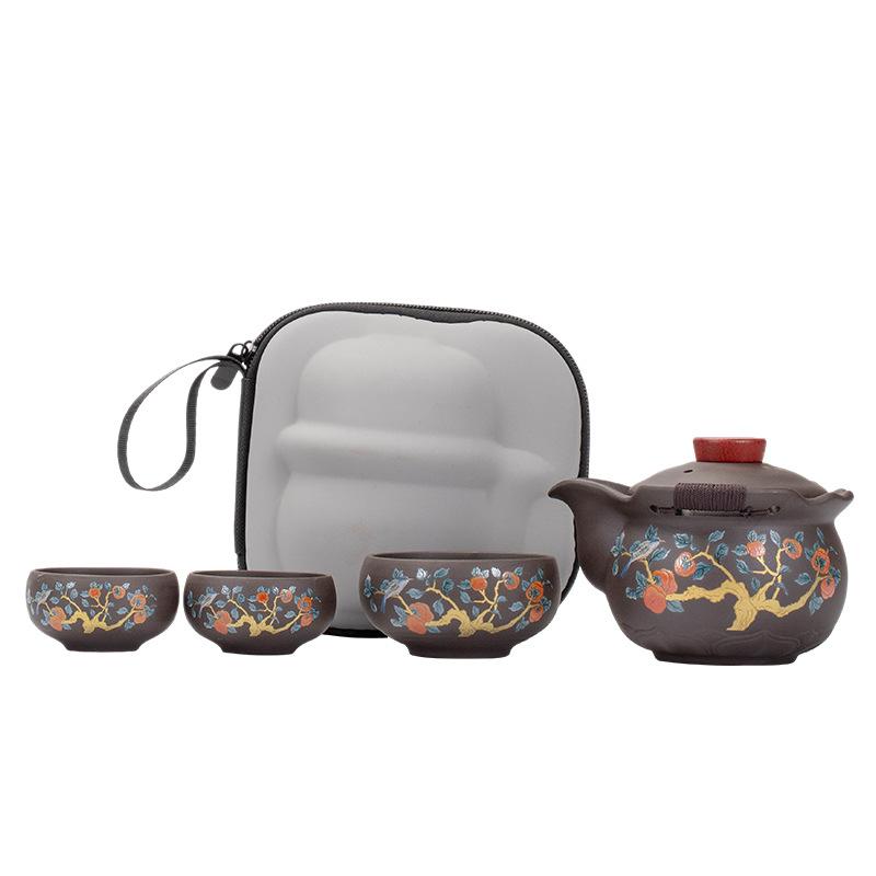 Purple sand travel tea set, small set, one pot, three cups, portable hand-held pot, business event meeting gifts