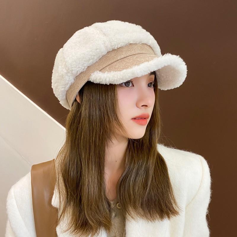 Autumn and Winter Hat Women's Imitation Lamb Wool Fashion Leather Label Octagonal Hat Warm and Cold-proof Cap