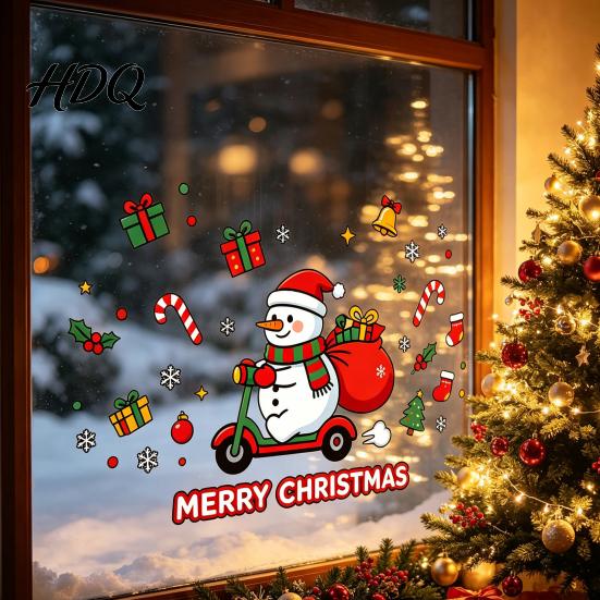 Decorative Glass Stickers Cute Snowman Scooter Christmas Static Window Cling Cartoon Merry Indoor Outdoor Holiday Decor Decal Waterproof Sticker for