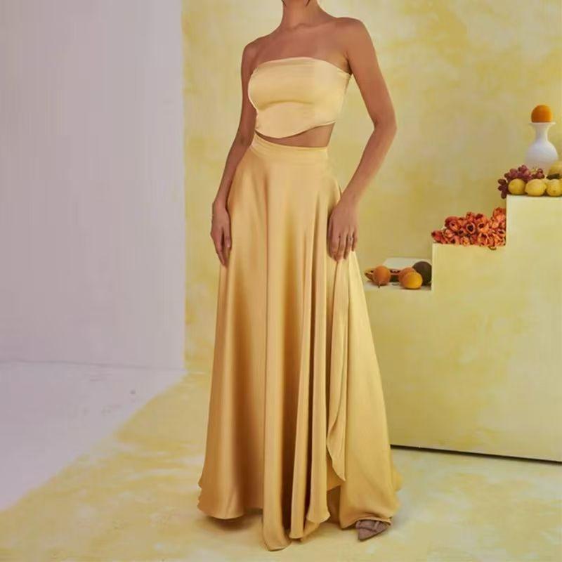 

European and American Sexy Tube Top Tops High Waist One-Piece Skirt Suit Sexy Vest and Skirt Set Yellow L