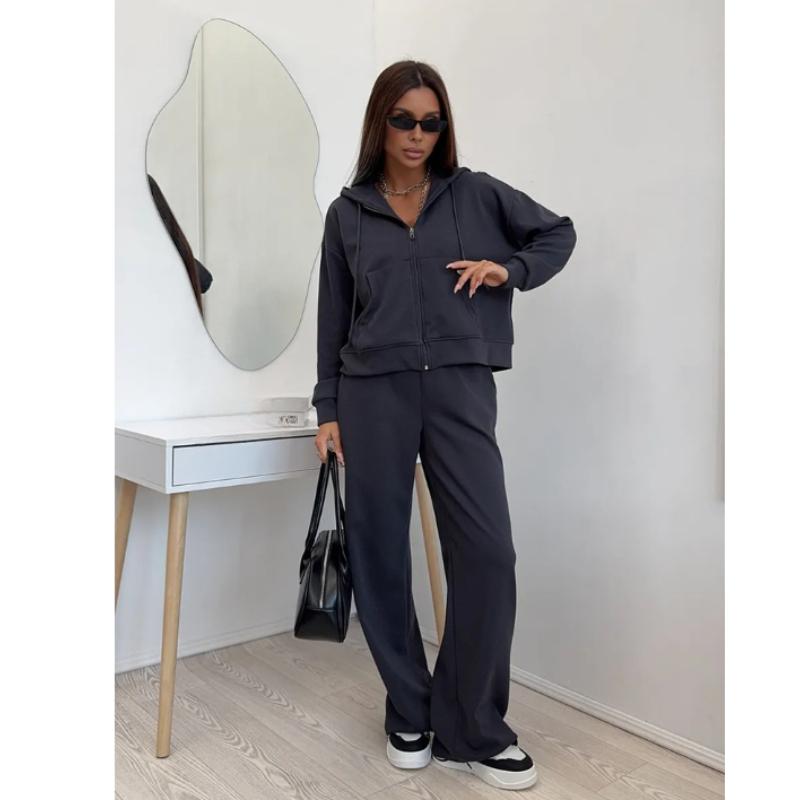 Sportswear Women's Solid Color Long Sleeve Zippered Cardigan Hooded Sweatshirt Lace-up Trousers Two-piece Set