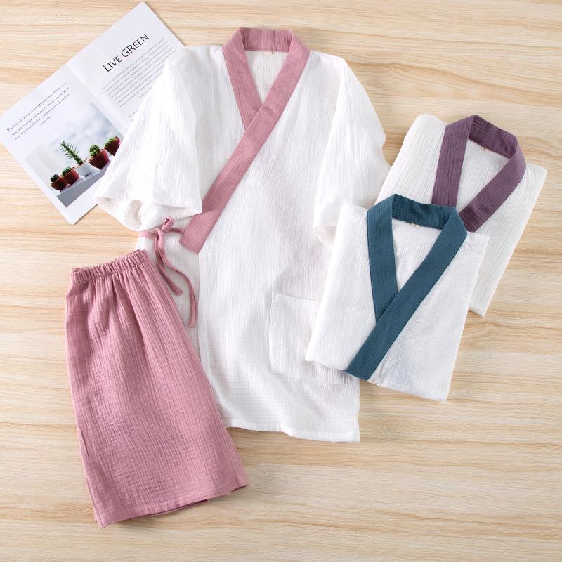 Pyjama Kimono Hanfu Style Japonais Ensemble de Nuit pour Femmes Couleur Fraîche Fil de Coton Crêpe Manches Courtes Short Combinaison d'Intérieur