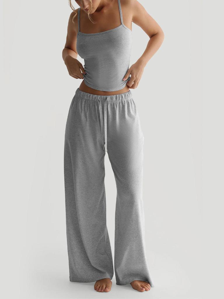 Summer Camisole Crop Top Long Pants Casual Wide Leg Pants Lazy Style Set For Women