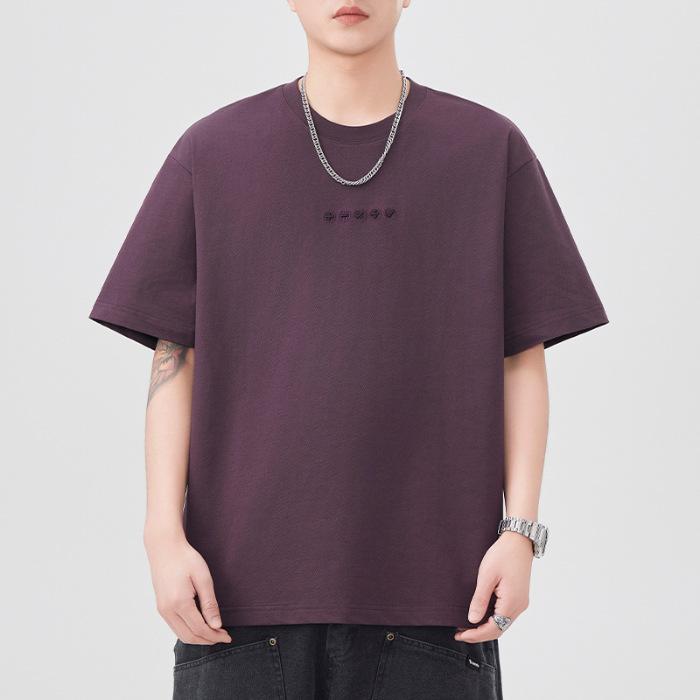 

New Summer Short-sleeved T-shirt for Men s Embroidered Loose Five-quarter Sleeve T-shirt Japanese Retro Casual 4XL фиолетовый