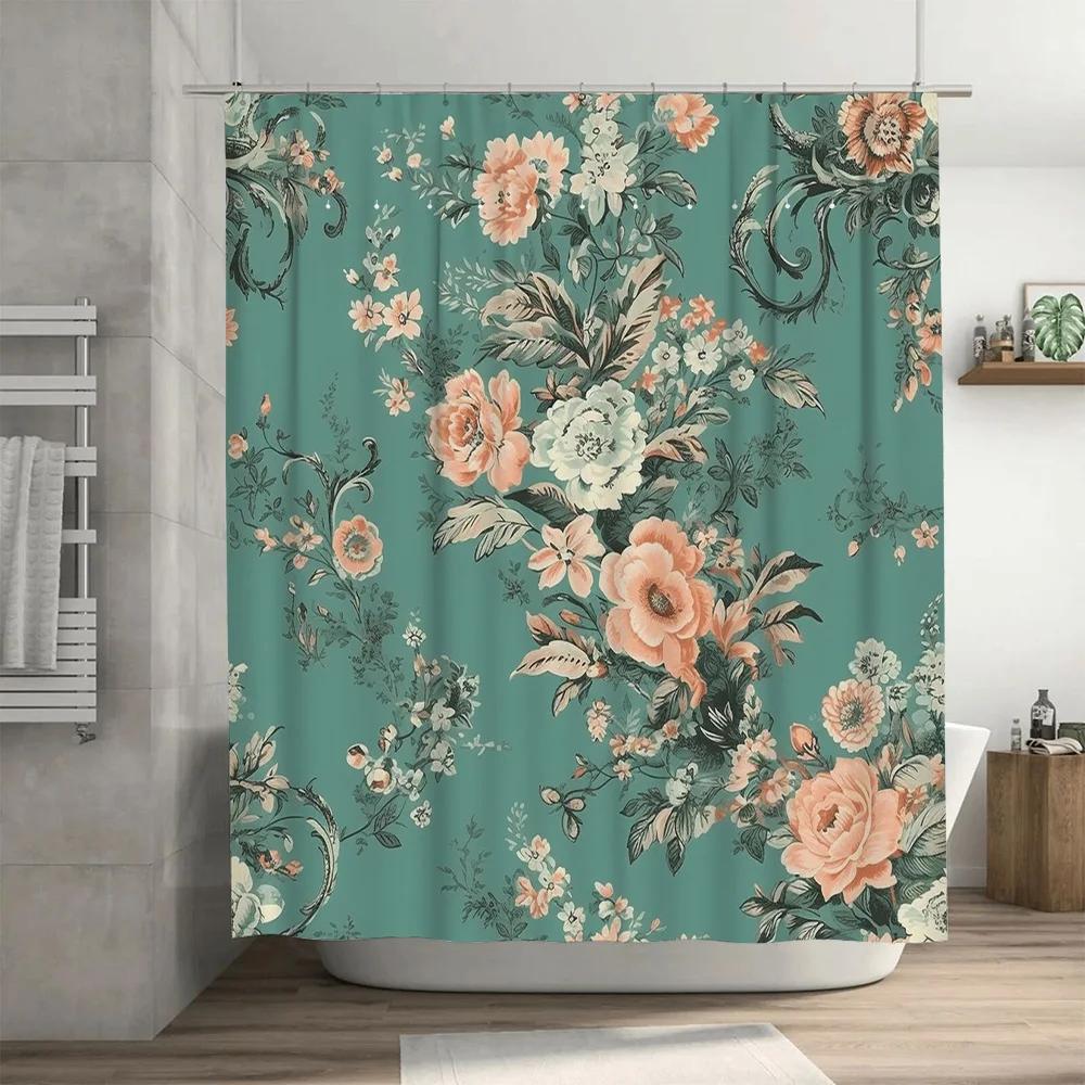 Beautiful Floral Shower Curtain Rustic Green with Pink Flowers Bathroom Decor for Home Bathrooms Privacy Screen for Bathtubs