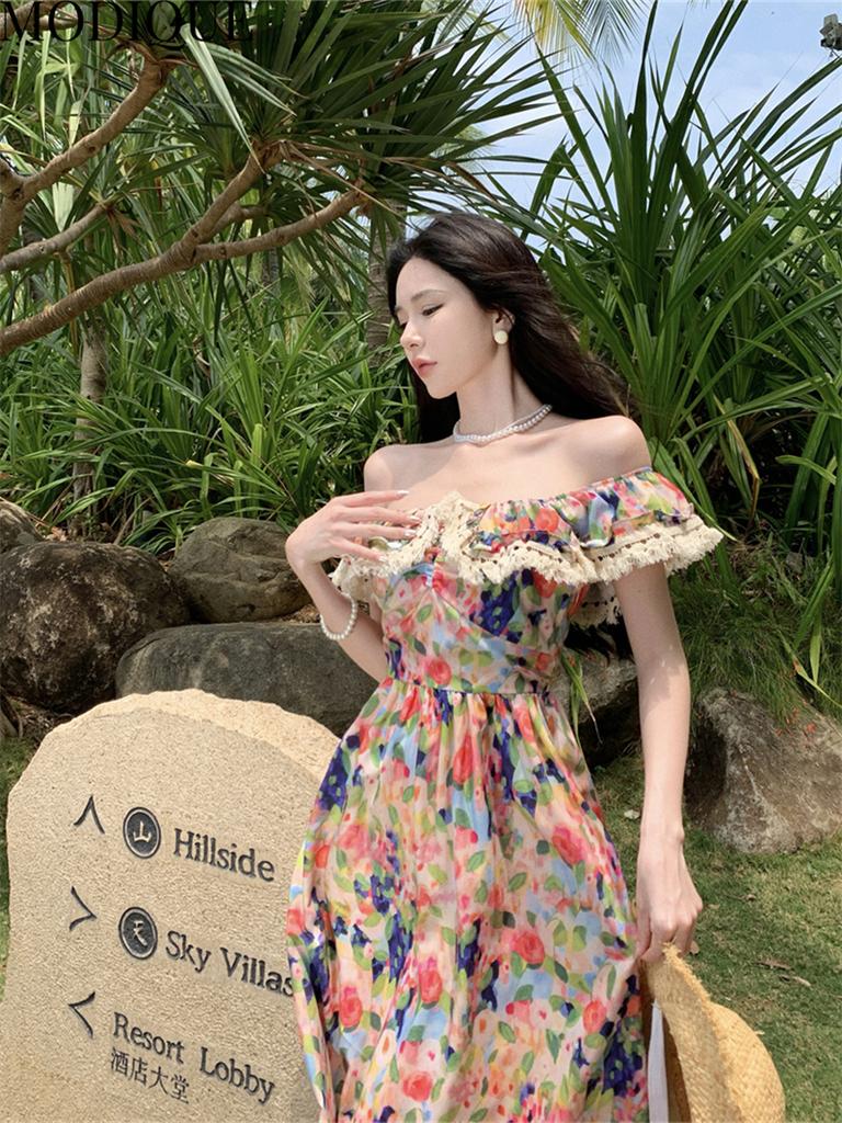 MODIQUE Sommar Kvinnor Elegant Färgglatt färgtryck Casual Beach Chiffong Girly Långa Klänningar Holiday Lady Fairycore Sweet Atmosphere Klänningar