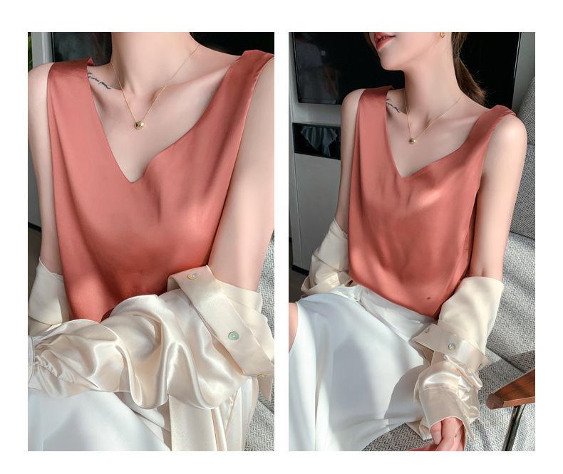 Women's Silk Satin V-neck Acetate Camisole: Ideal Inner Base Layer for Suits, Spring/Summer, Black & White