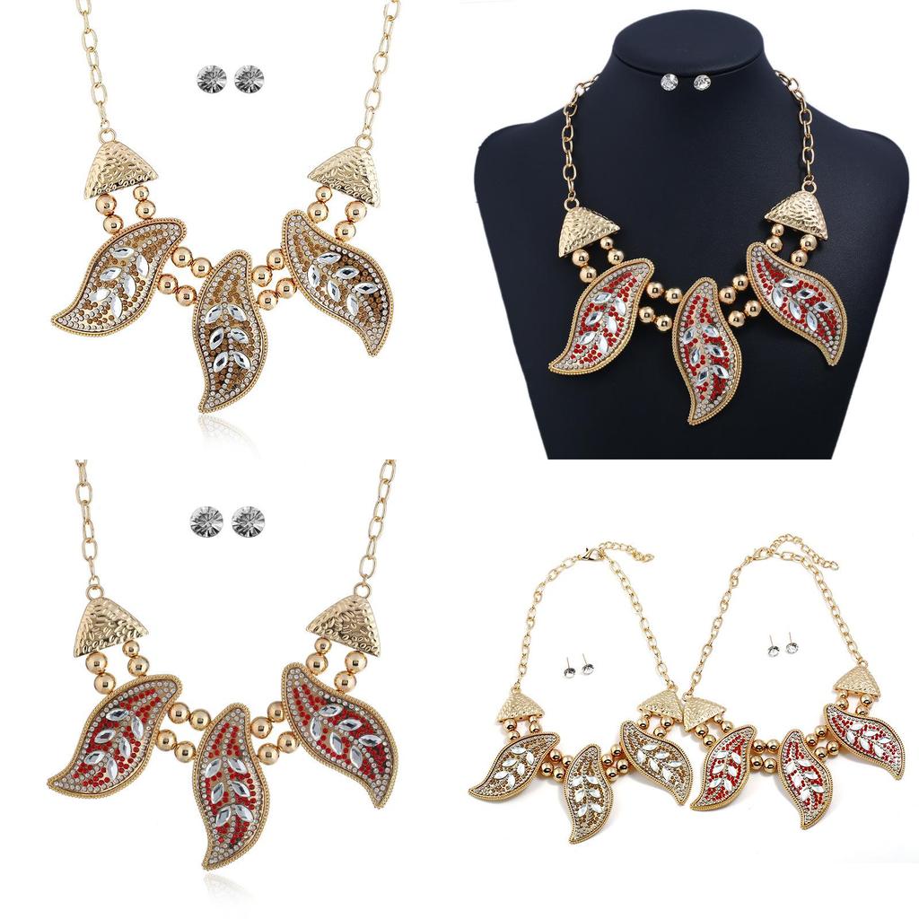 Leaf Necklace Vintage Set With Rhinestone Decor And Geometric Style For Women