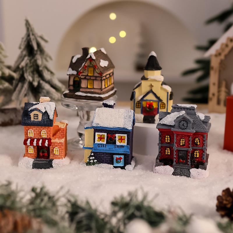 New Christmas decorations, resin luminous small house with lights, dreamy European-style snow house, Christmas gift
