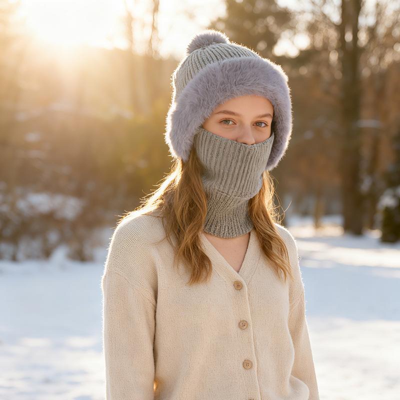 Winter Hat Men Women Velvet Thick Warm Knitted Hat Outdoor Solid Color Hat Scarf Integrated Hat