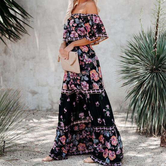 Women Dress Floral Print Off Shoulder Temperament Strapless Slim-fitting Sundress for Party