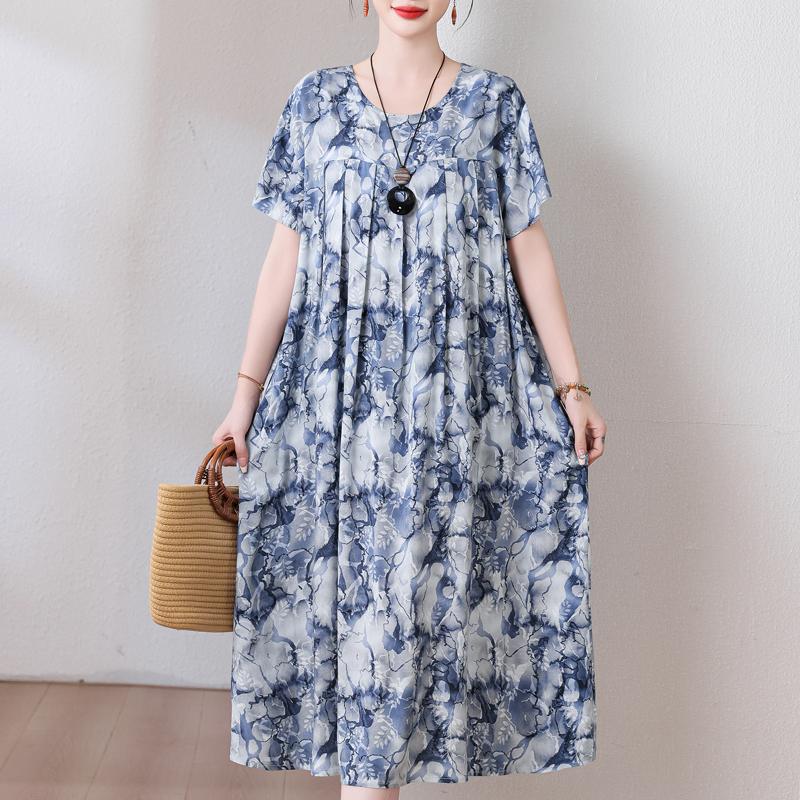 Plus Size Loose Vintage Print Langes Kleid für Damen Lässige Kurzarm-Sommer-Damenkleider