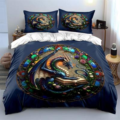 Drachenkunst Dekorationsset - Fantasy Weich Bequem Bettbezug Bettwäscheset Enthalten 1*Bettbezug & 2*Kissenbezüge, Geschenk