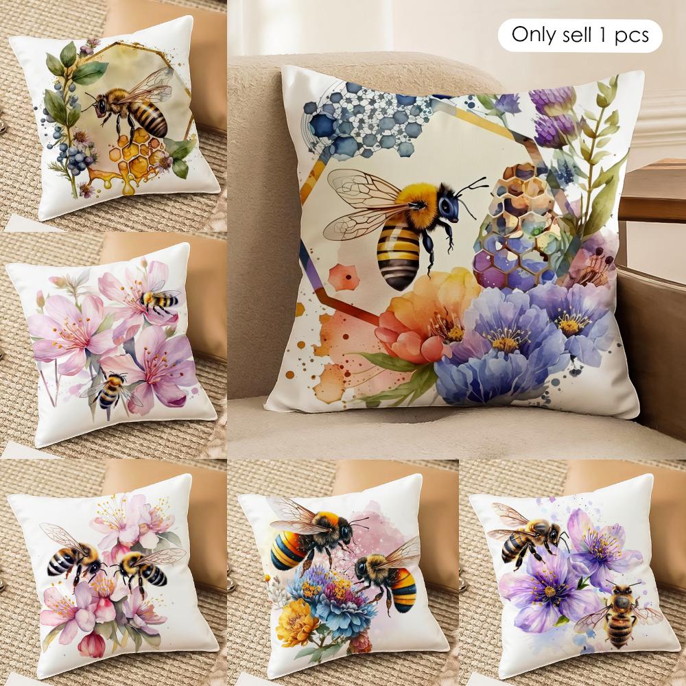 Bee and flowers Cushion Cover Soft Plush Fabric DoubleSided Printed Sofa Cushion Cover for All Seasons Home Decor Gift