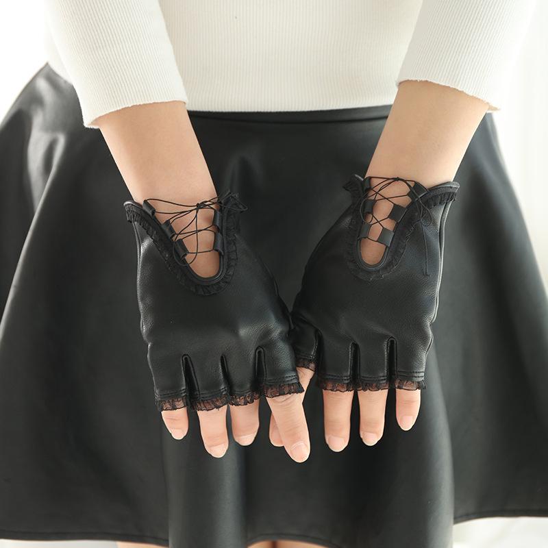 Off-Season Leather Lace Trim Women's Half-Finger Gloves for Casual Sport and Typing