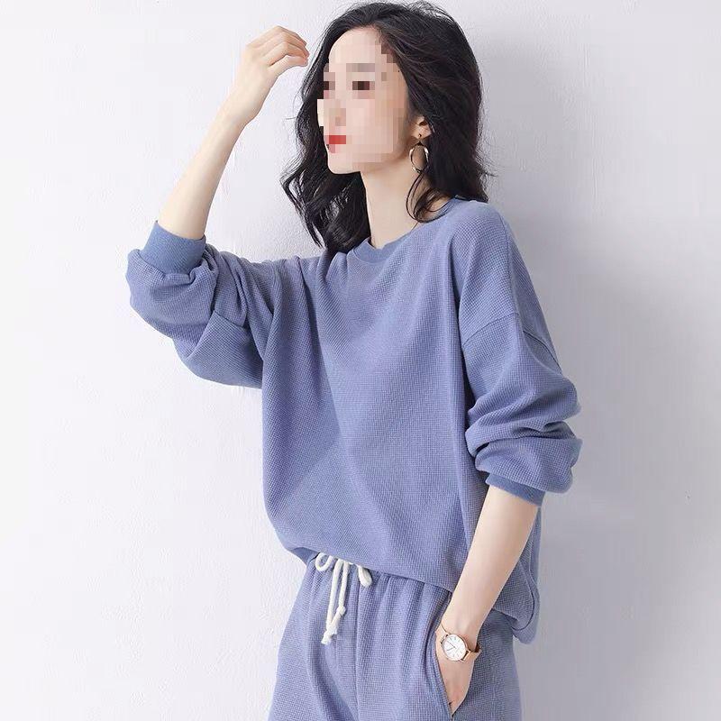 Women's Two-Piece Grey Plaid & Solid Waffle Hoodie Set - Korean Casual Style for Spring & Autumn