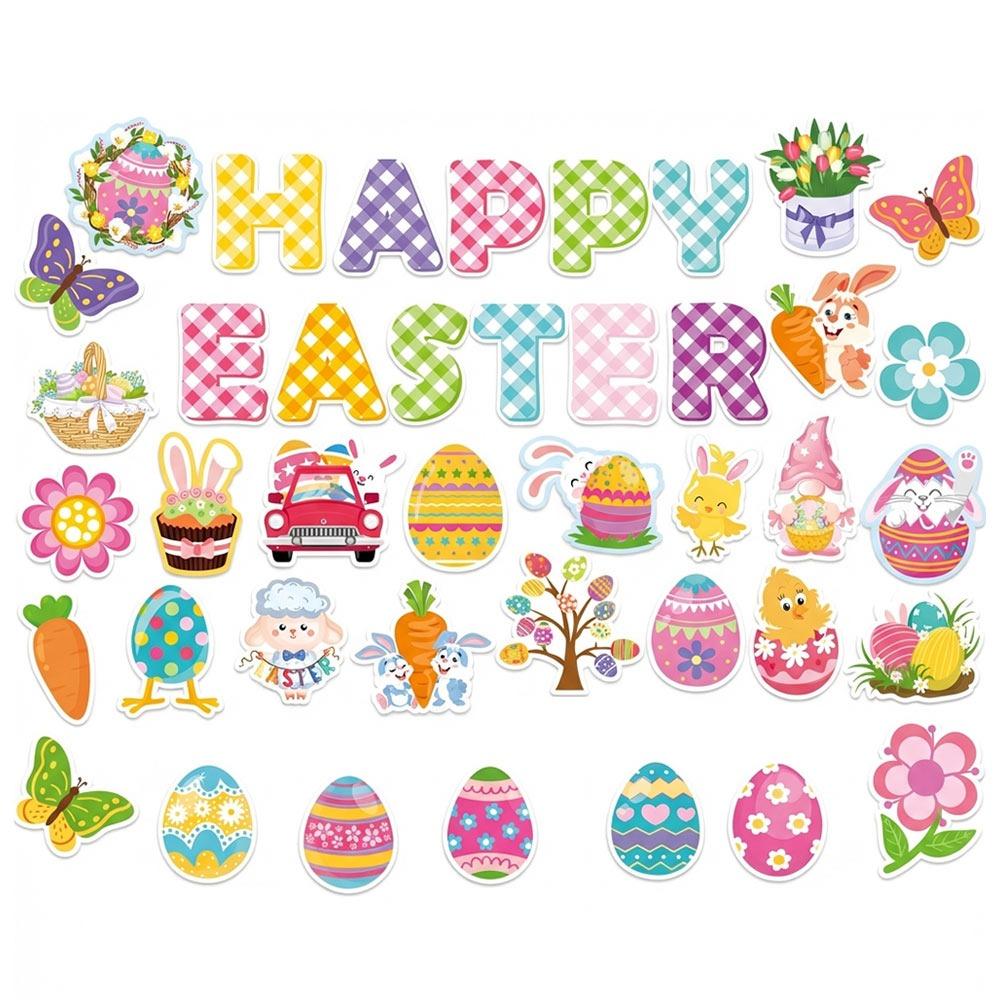 

57PCS Cartoon Easter Decoration Paper Multicolor Easter Eggs Cards Flower Sheep Butterfly Bunny Chicken Wall Sticker