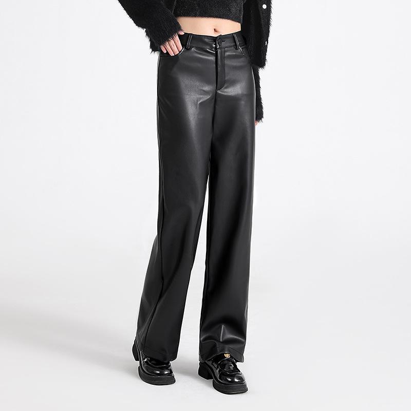 Black Leather Pants for Women, Spring and Autumn New Style, High-End Matte Fleece-Lined PU Leather, High-Waisted, Windproof, Draped Wide-Leg Pants