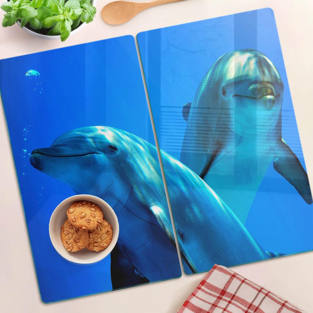 Glass Kitchen Serving Boards with Graphics of Two Dolphins 2x30x52 Cm