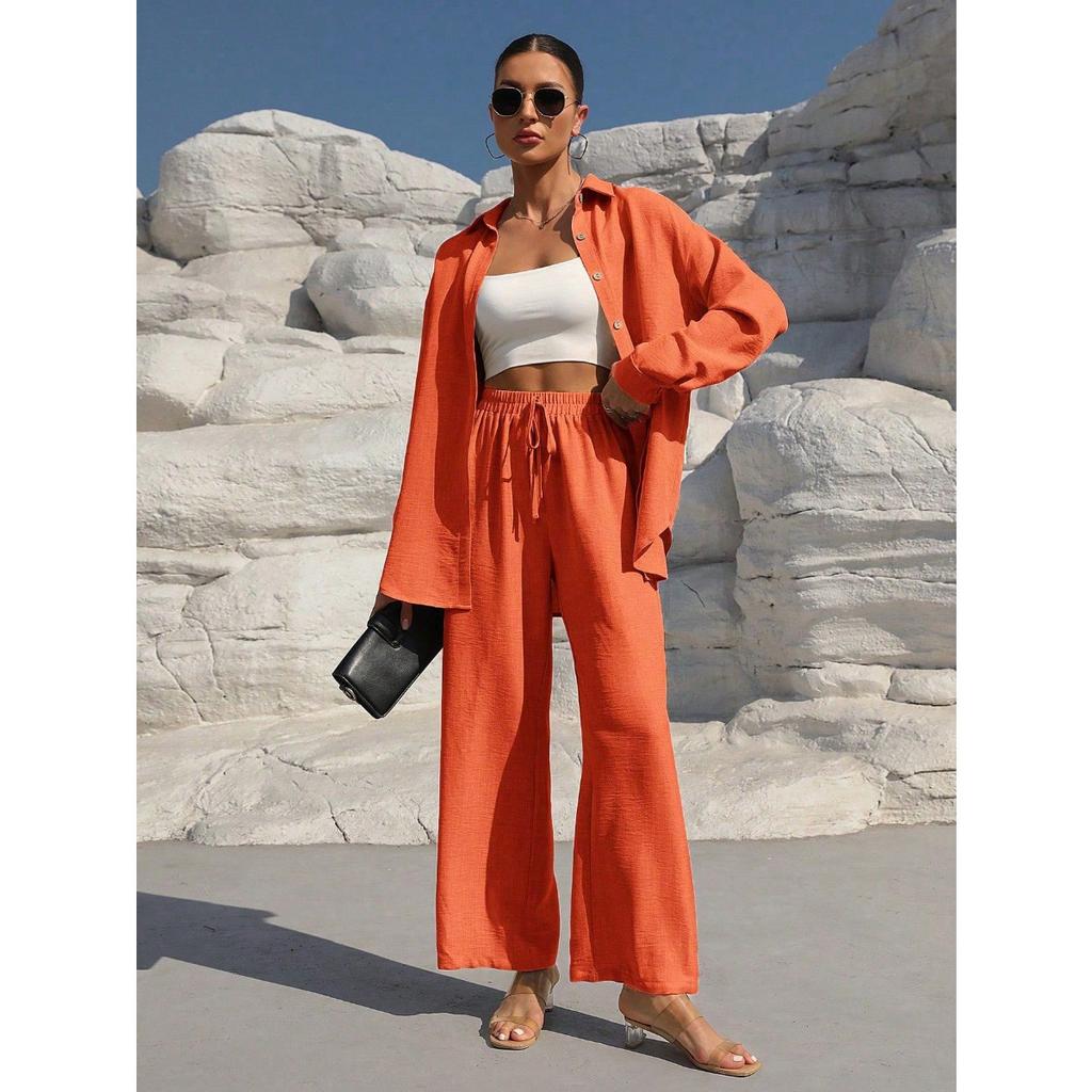 Beach Vacation Solid Color Loose Casual Shirt Skirt Two-piece Suit Women Spring and Summer