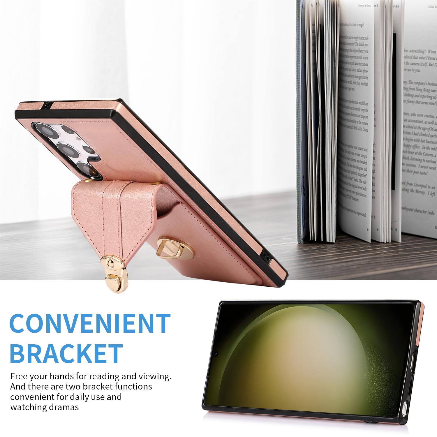 

For Samsung Galaxy S23 Ultra Card Holder Phone Cover Kickstand PU Leather+TPU Case with Shoulder Strap Rose Gold