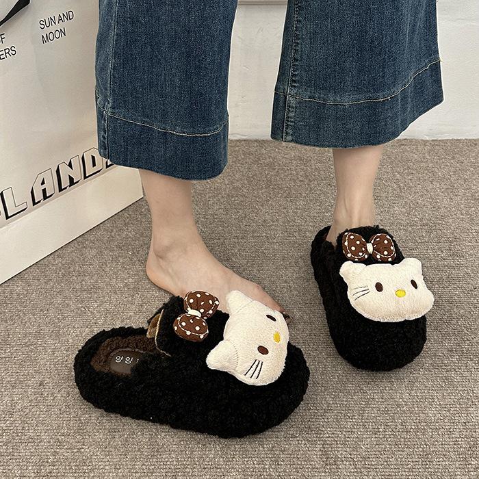 Fashion Sweet Girl Fluffy Slippers Women's Shoes 2025 Autumn and Winter New Outer Wear Casual Cotton Slippers