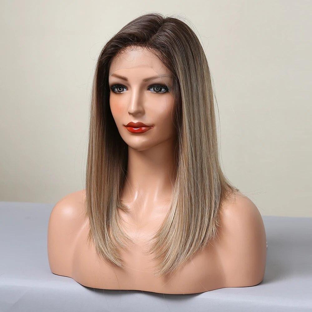 Shoulder Length Straight Lace Wigs Brown Dark Roots Silky Party Synthetic Hair Natural Soft Daily Wigs for Women Heat Resistant