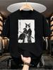 1pc Mens Graphic T Shirt Japanese Ink Art Style Samurai Cat Print Short Sleeve Crew Neck