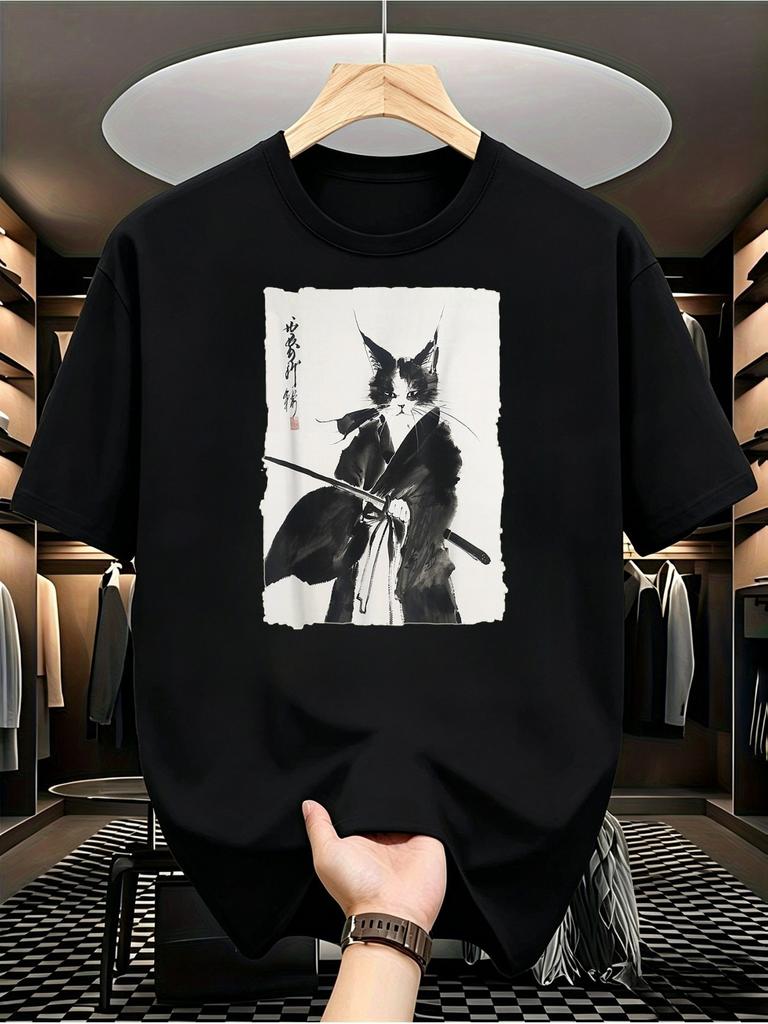 1pc Mens Graphic T Shirt Japanese Ink Art Style Samurai Cat Print Short Sleeve Crew Neck