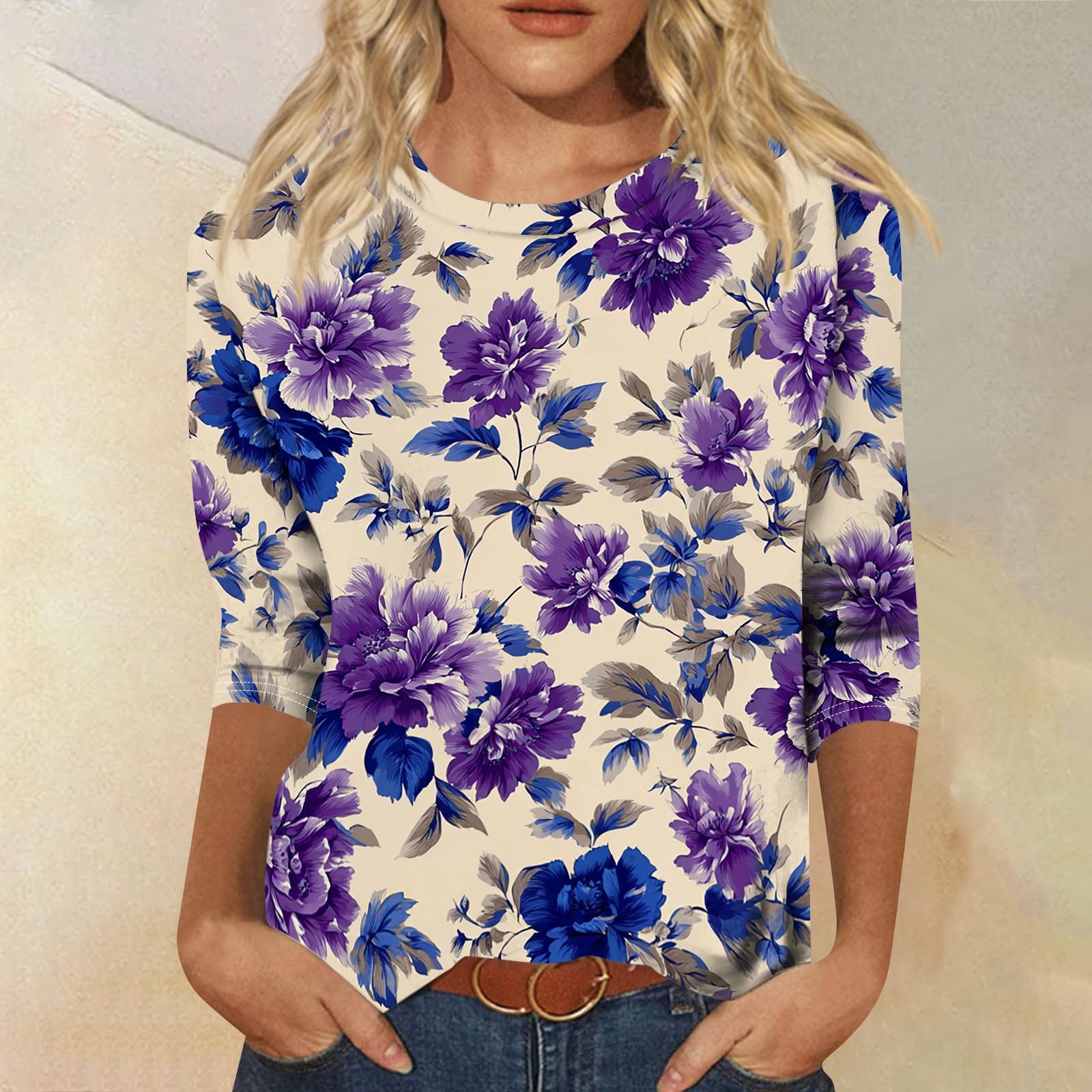 

Women Casual Round Neck Three Quarter Sleeve Floral Print T Shirt Top Lightweight Soft Fabric Comfortable Fit Spring Summer Wear XXL