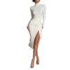 European and American Style Women's Clothing Spring New Solid Color Temperament Slim and Thin Pleated Turtleneck Long-sleeved Dress Long Dress