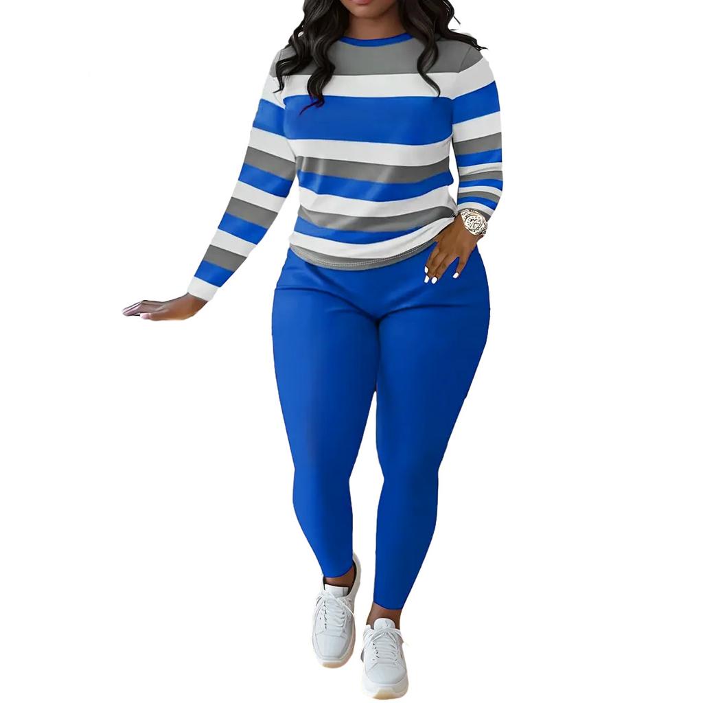 Women Striped Long Sleeve Top and Solid Color Pants Tracksuit Set Casual Two Piece Outfit