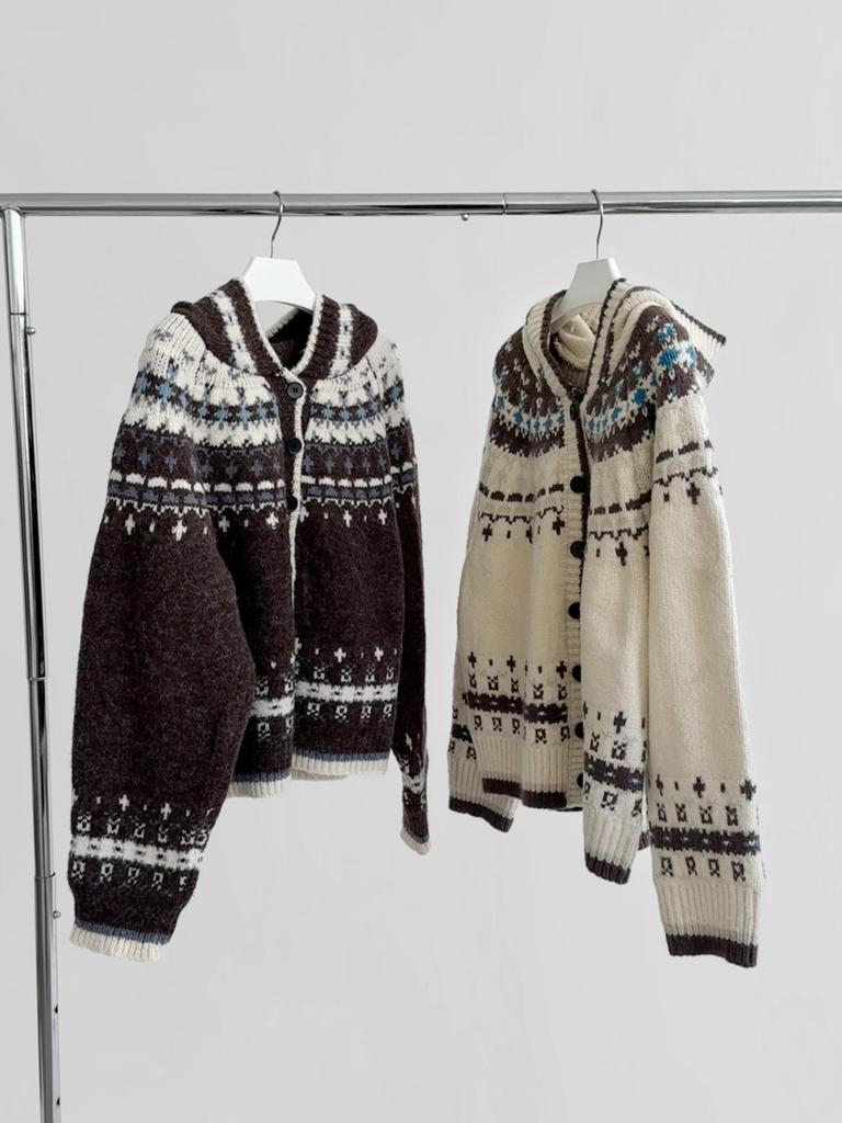 Dorothy Fair Isle Retro Pletený kardigan s kapucí - Dámský zesílený svetr ke všemu