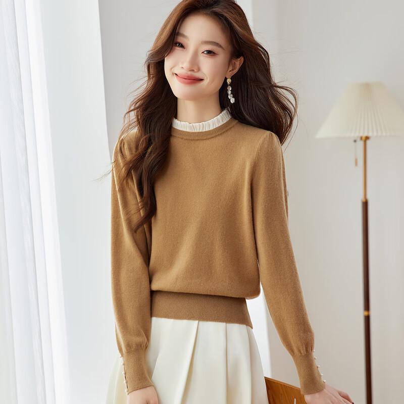 Srcr Women's Pure Wool Short Lace Trim Knit Sweater